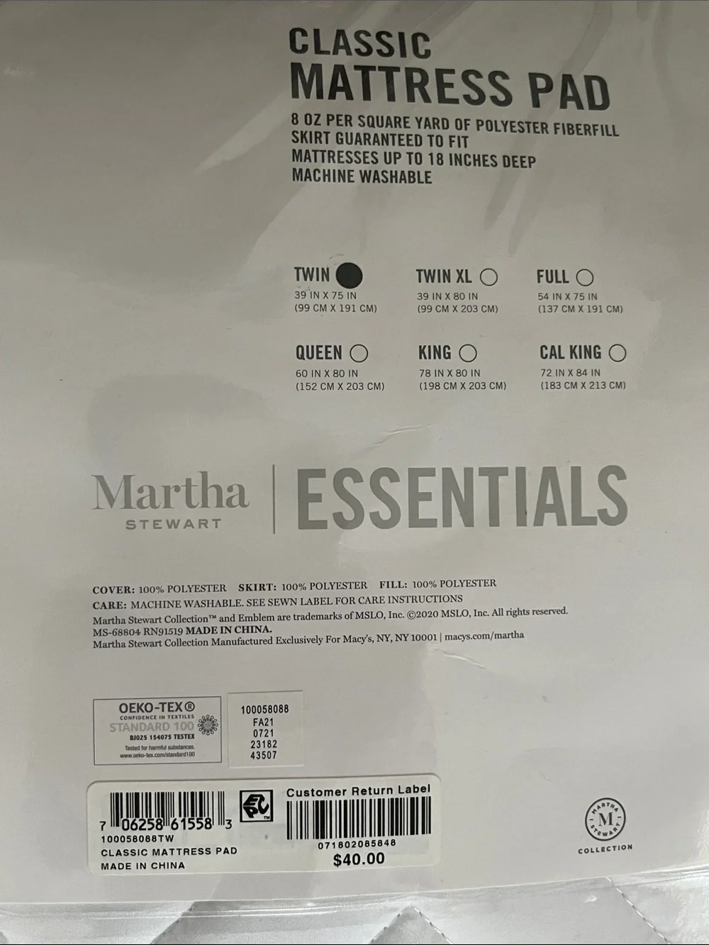 Martha Stewart White Quilted Classic Mattress Pad